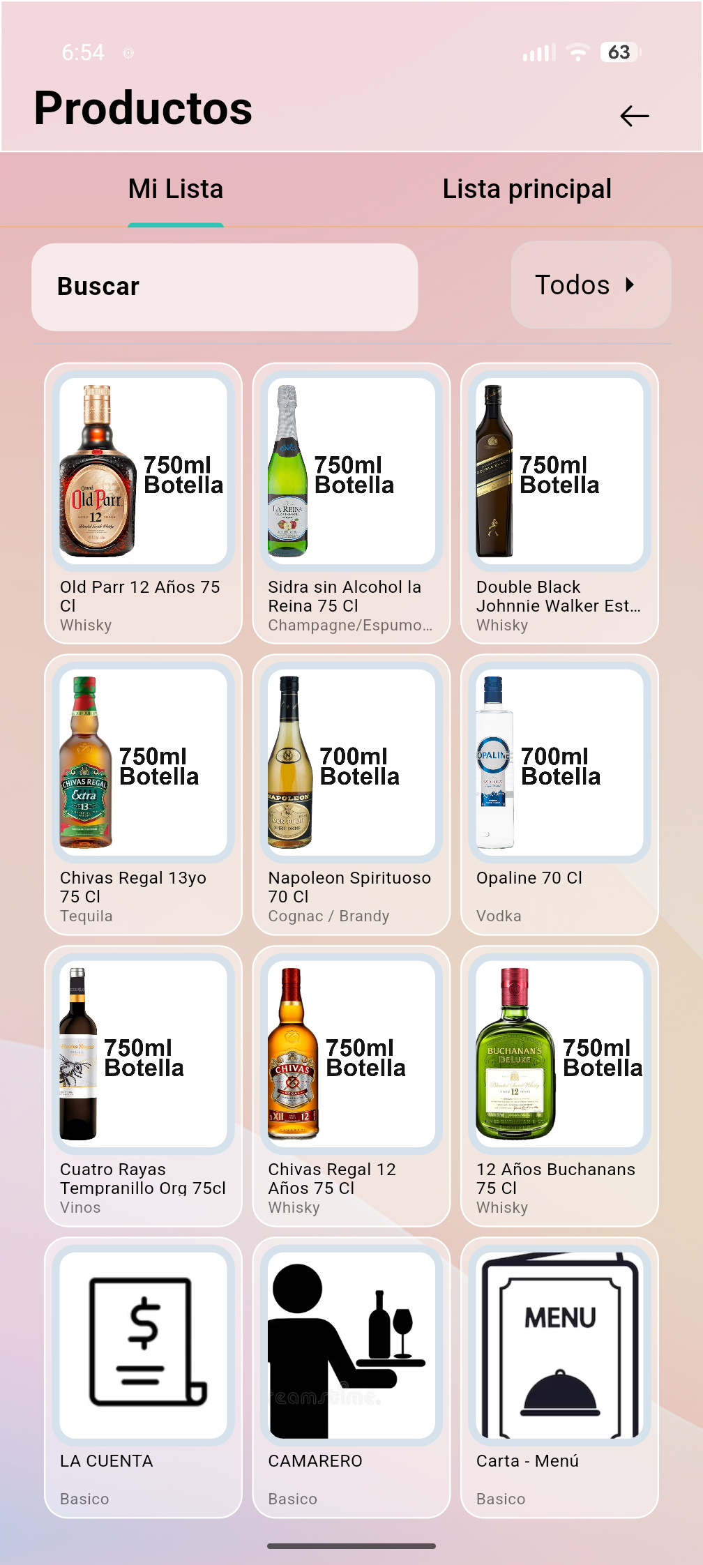Lista personal del mesero en la app de Cuiba